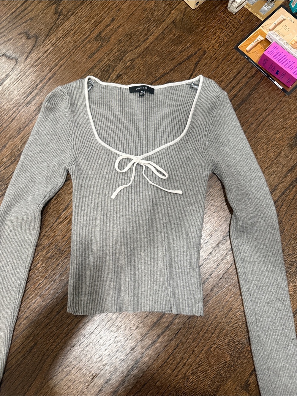 Love Tree Light Gray Ribbed Scoop-Neck Long Sleeve Top with White Tie